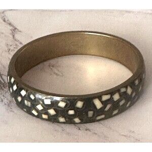 Boho Mosaic Inlay Bangle Bracelet – Brass with Cream Mosaic Detailing